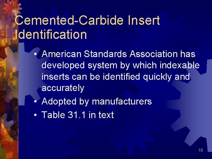 Cemented-Carbide Insert Identification • American Standards Association has developed system by which indexable inserts Cemented-Carbide Insert Identification • American Standards Association has developed system by which indexable inserts