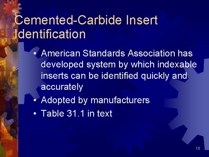 Cemented-Carbide Insert Identification • American Standards Association has developed system by which indexable inserts