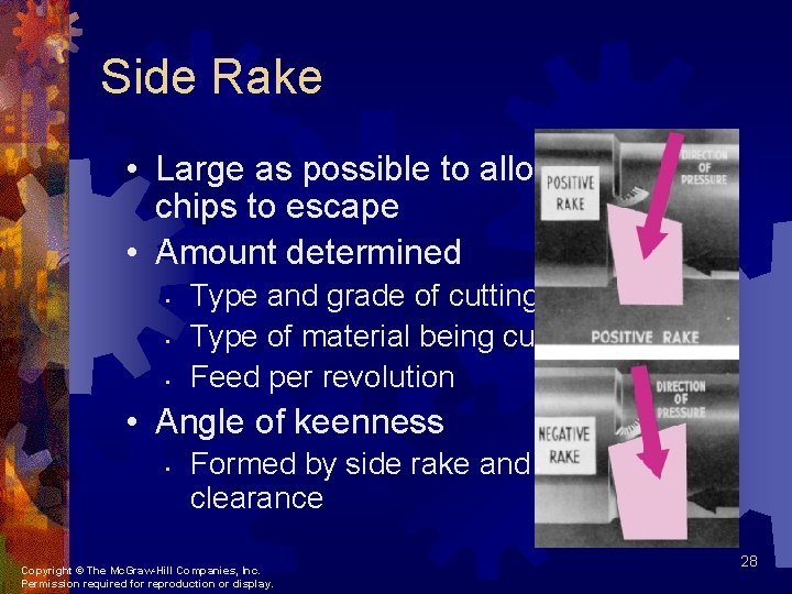 Side Rake • Large as possible to allow chips to escape • Amount determined Side Rake • Large as possible to allow chips to escape • Amount determined