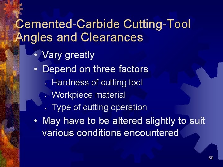 Cemented-Carbide Cutting-Tool Angles and Clearances • Vary greatly • Depend on three factors • Cemented-Carbide Cutting-Tool Angles and Clearances • Vary greatly • Depend on three factors •