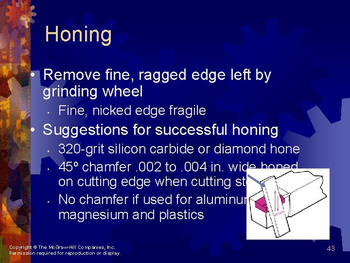 Honing • Remove fine, ragged edge left by grinding wheel • Fine, nicked edge