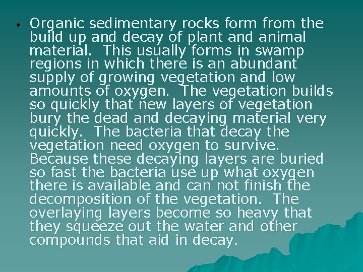  • Organic sedimentary rocks form from the build up and decay of plant