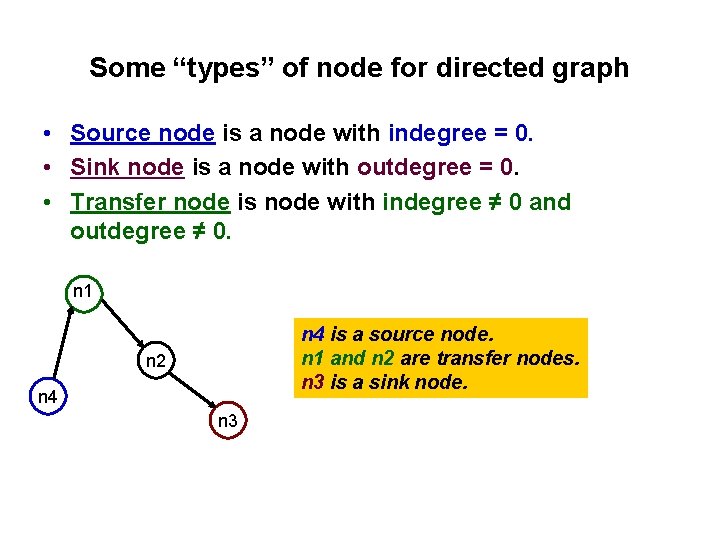 Some “types” of node for directed graph • Source node is a node with