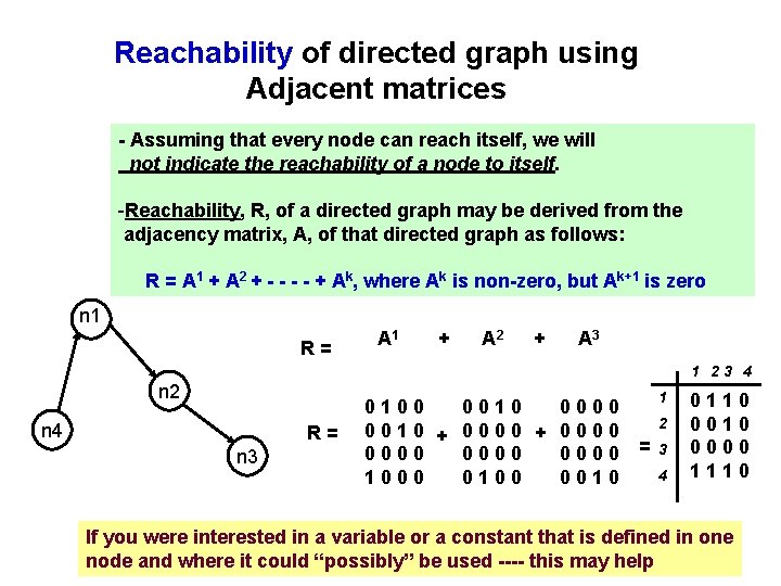 Reachability of directed graph using Adjacent matrices - Assuming that every node can reach