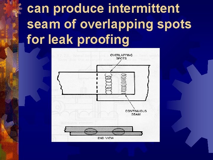 can produce intermittent seam of overlapping spots for leak proofing 