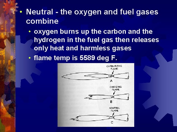  • Neutral - the oxygen and fuel gases combine • oxygen burns up