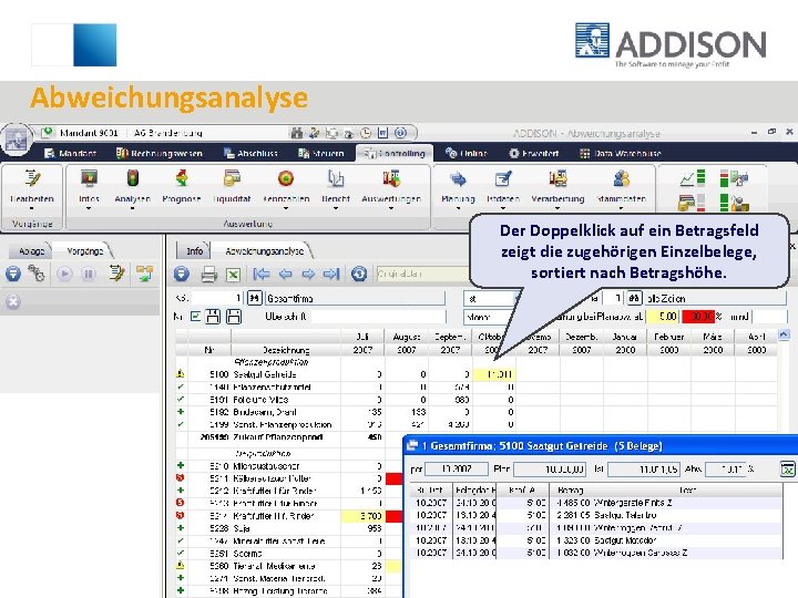 Abweichungsanalyse Der Doppelklick auf ein Betragsfeld zeigt die zugehörigen Einzelbelege, sortiert nach Betragshöhe. 