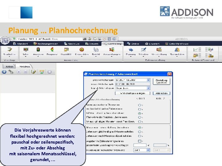 Planung … Planhochrechnung Die Vorjahreswerte können flexibel hochgerechnet werden: pauschal oder zeilenspezifisch, mit Zu-