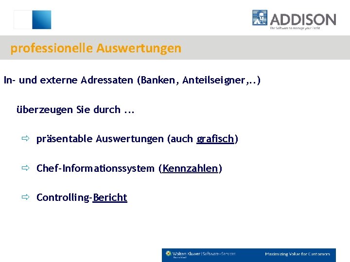 professionelle Auswertungen In- und externe Adressaten (Banken, Anteilseigner, . . ) überzeugen Sie durch.