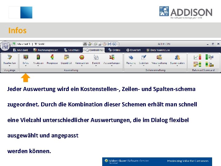 Infos Jeder Auswertung wird ein Kostenstellen-, Zeilen- und Spalten-schema zugeordnet. Durch die Kombination dieser