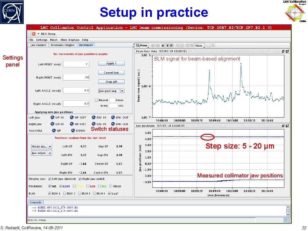 Setup in practice Settings panel BLM signal for beam-based alignment Switch statuses Step size: