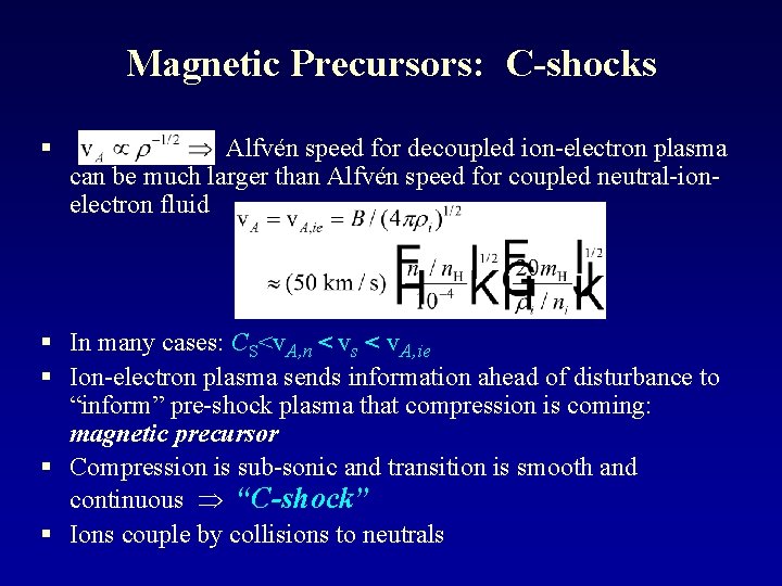 Magnetic Precursors: C-shocks § Alfvén speed for decoupled ion-electron plasma can be much larger