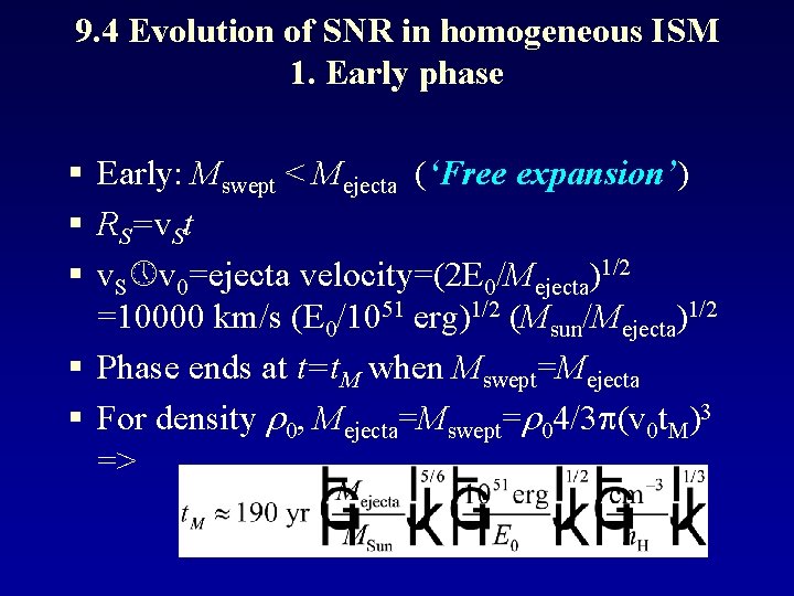 9. 4 Evolution of SNR in homogeneous ISM 1. Early phase § Early: Mswept