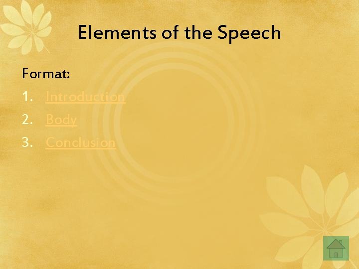 Elements of the Speech Format: 1. Introduction 2. Body 3. Conclusion Elements of the Speech Format: 1. Introduction 2. Body 3. Conclusion