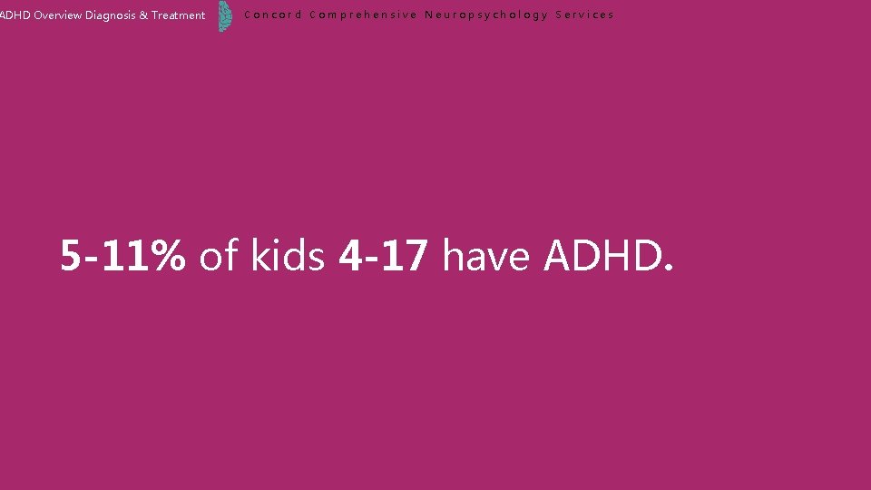 ADHD Overview Diagnosis & Treatment Concord Comprehensive Neuropsychology Services 5 -11% of kids 4