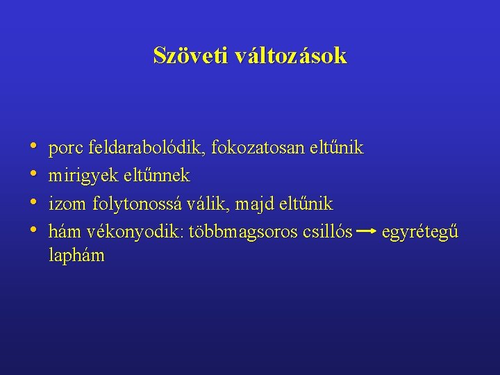 Szöveti változások • • porc feldarabolódik, fokozatosan eltűnik mirigyek eltűnnek izom folytonossá válik, majd