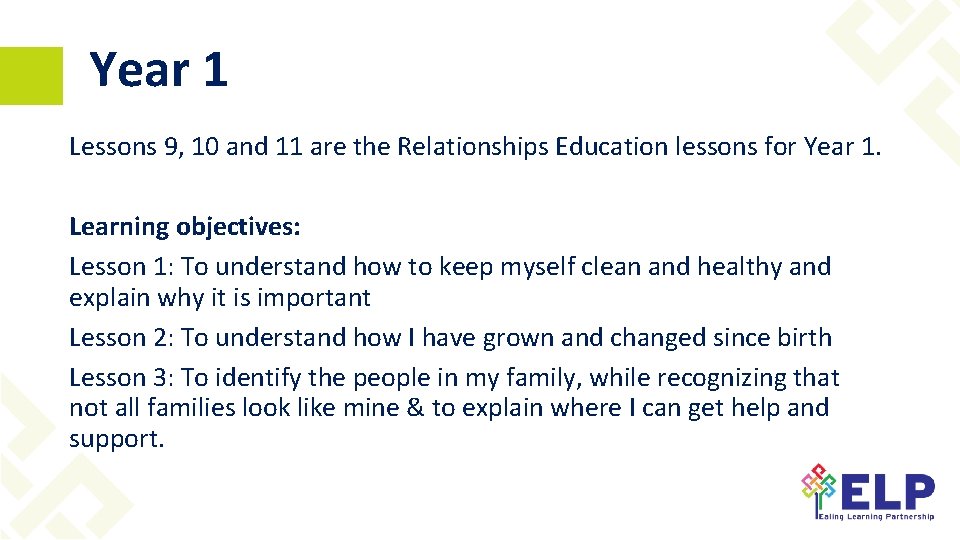 Year 1 Lessons 9, 10 and 11 are the Relationships Education lessons for Year