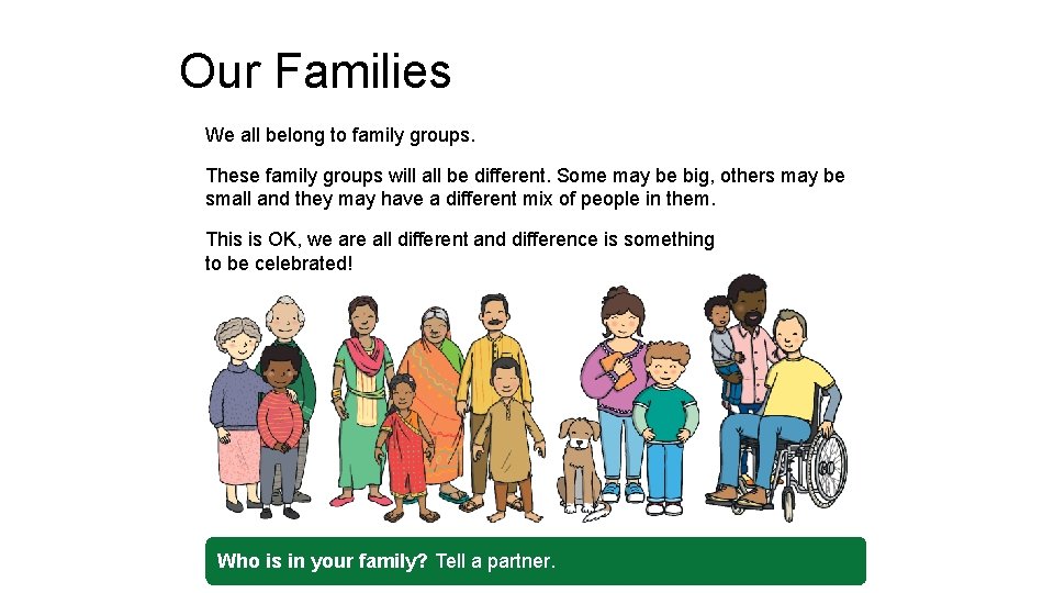 Our Families We all belong to family groups. These family groups will all be