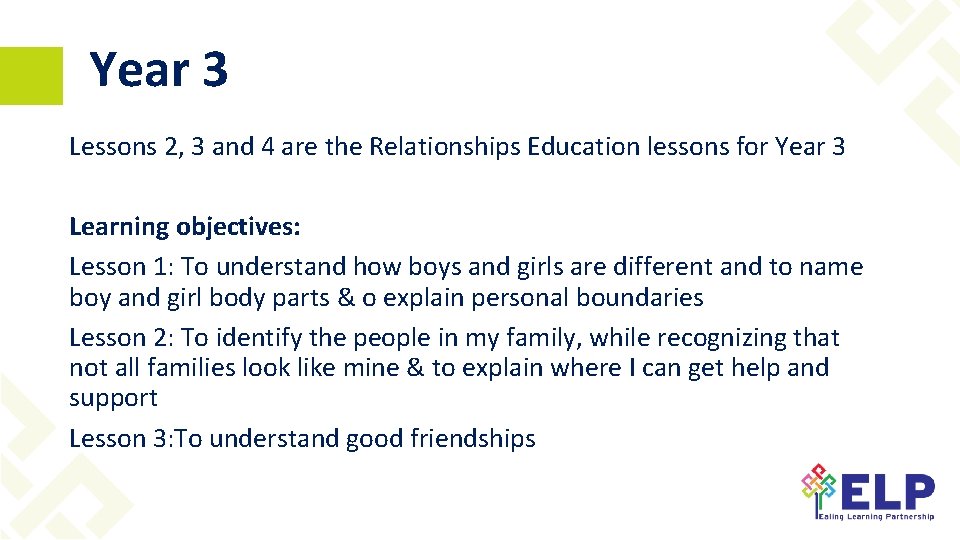 Year 3 Lessons 2, 3 and 4 are the Relationships Education lessons for Year