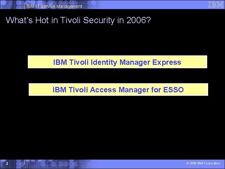 IBM IT Service Management What’s Hot in Tivoli Security in 2006? IBM Tivoli Identity IBM IT Service Management What’s Hot in Tivoli Security in 2006? IBM Tivoli Identity