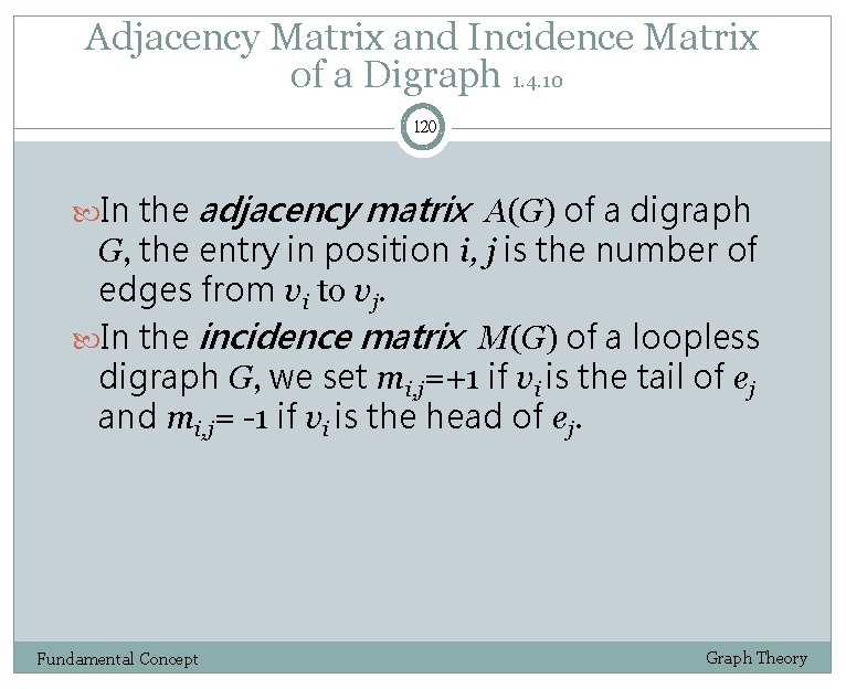 Adjacency Matrix and Incidence Matrix of a Digraph 1. 4. 10 120 In the