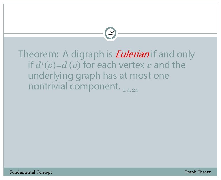 126 Theorem: A digraph is Eulerian if and only if d+(v)=d-(v) for each vertex