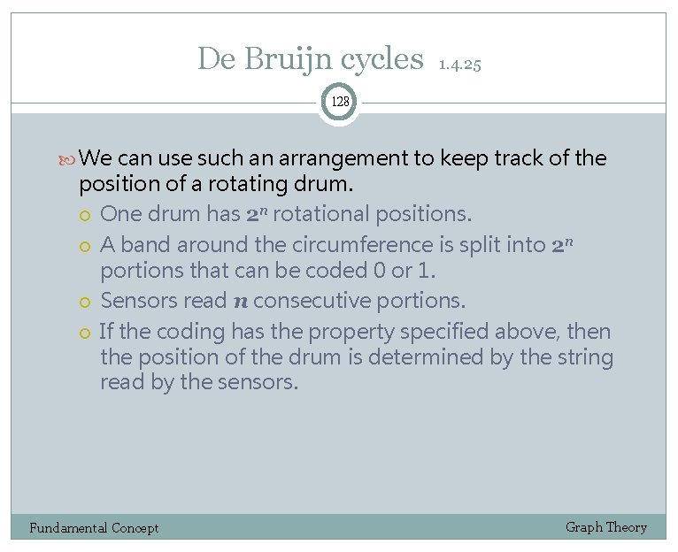 De Bruijn cycles 1. 4. 25 128 We can use such an arrangement to