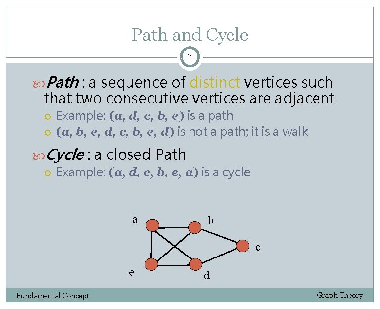 Path and Cycle 19 Path : a sequence of distinct vertices such that two