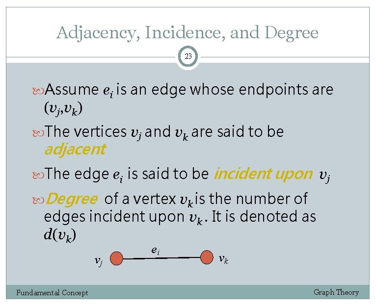 Adjacency, Incidence, and Degree 23 Assume ei is an edge whose endpoints are (vj,