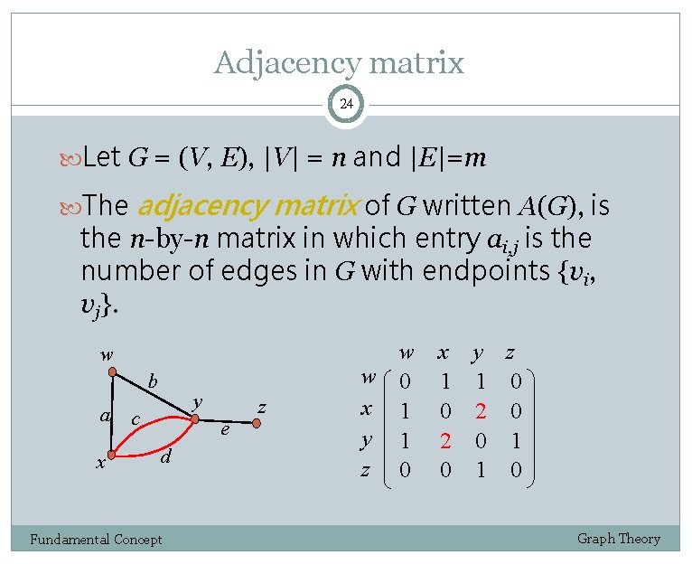 Adjacency matrix 24 Let G = (V, E), |V| = n and |E|=m The