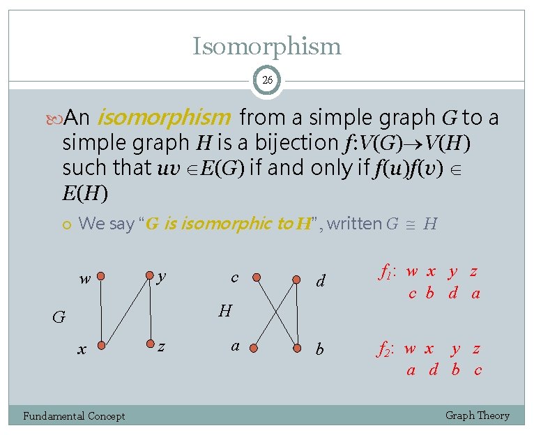 Isomorphism 26 An isomorphism from a simple graph G to a simple graph H