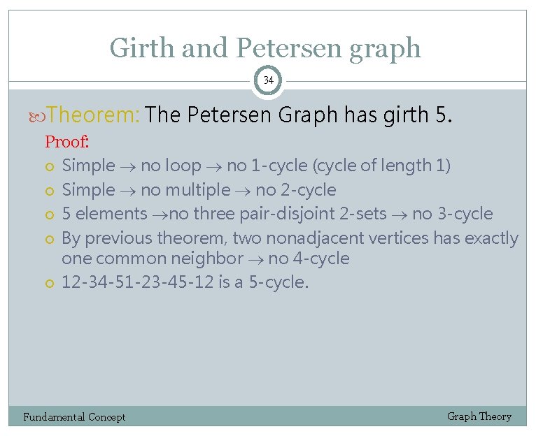 Girth and Petersen graph 34 Theorem: The Petersen Graph has girth 5. Proof: Simple