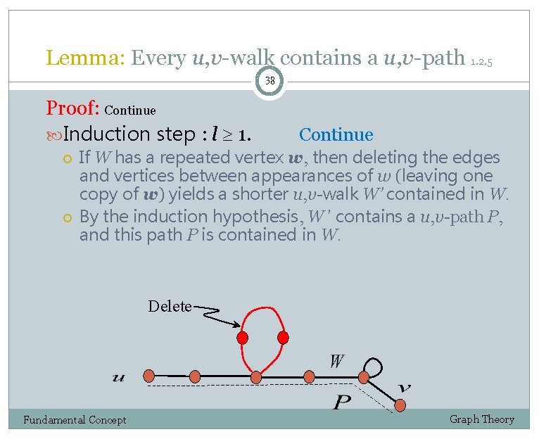 Lemma: Every u, v-walk contains a u, v-path 1. 2. 5 38 Proof: Continue