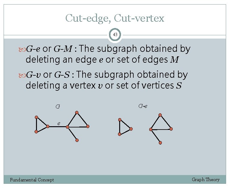 Cut-edge, Cut-vertex 43 G-e or G-M : The subgraph obtained by deleting an edge