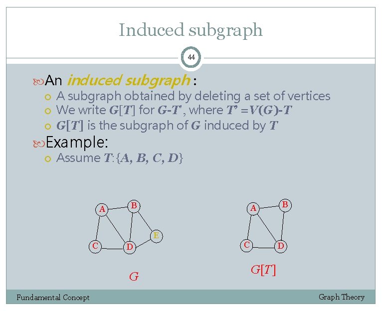 Induced subgraph 44 An induced subgraph : A subgraph obtained by deleting a set