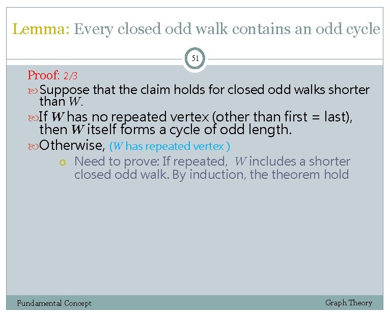 Lemma: Every closed odd walk contains an odd cycle 51 Proof: 2/3 Suppose that