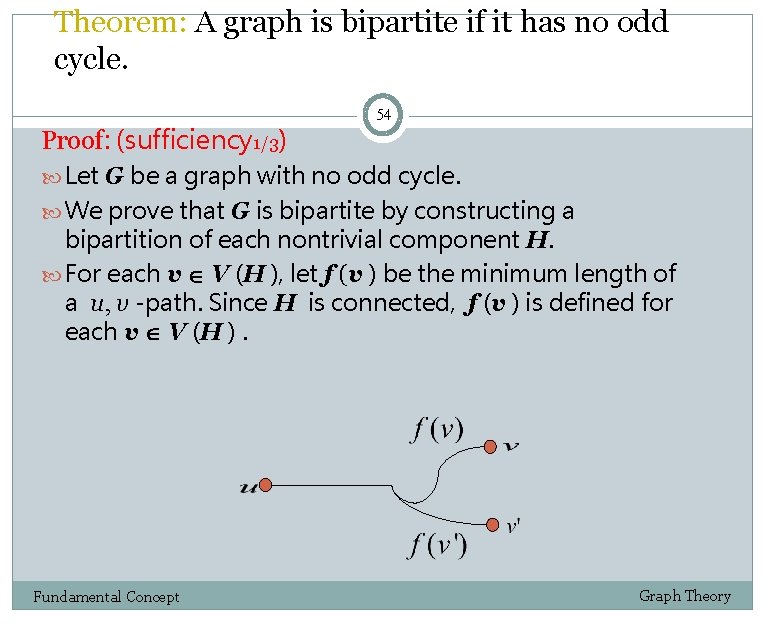 Theorem: A graph is bipartite if it has no odd cycle. Proof: (sufficiency 1/3)