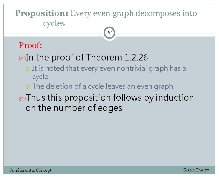 Proposition: Every even graph decomposes into cycles 67 Proof: In the proof of Theorem