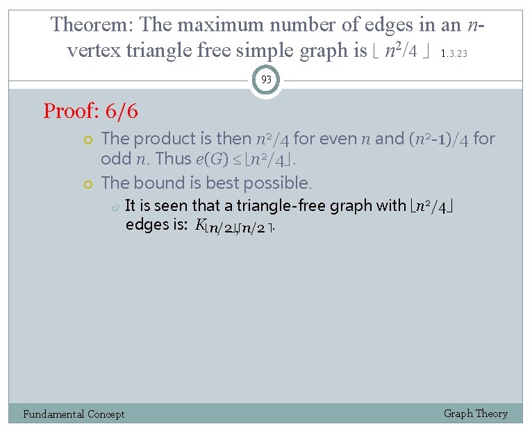 Theorem: The maximum number of edges in an nvertex triangle free simple graph is
