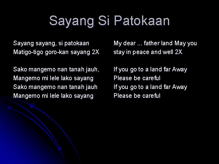Sayang Si Patokaan Sayang sayang, si patokaan Matigo-tigo goro-kan sayang 2 X My dear.