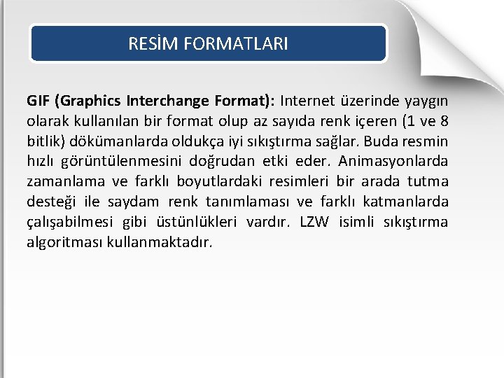 RESİM FORMATLARI GIF (Graphics Interchange Format): Internet üzerinde yaygın olarak kullanılan bir format olup