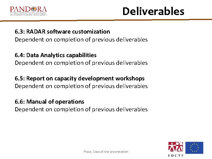 Deliverables 6. 3: RADAR software customization Dependent on completion of previous deliverables 6. 4: