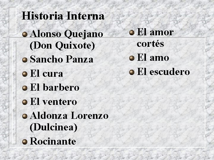 Historia Interna Alonso Quejano (Don Quixote) Sancho Panza El cura El barbero El ventero