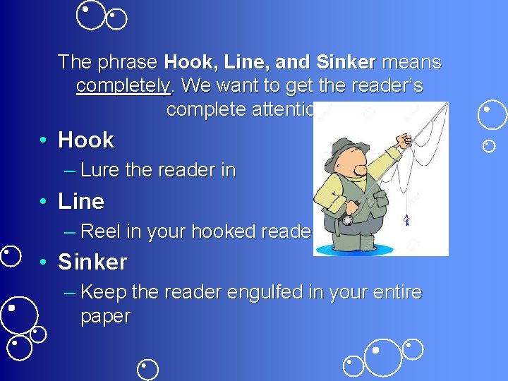 The phrase Hook, Line, and Sinker means completely. We want to get the reader’s