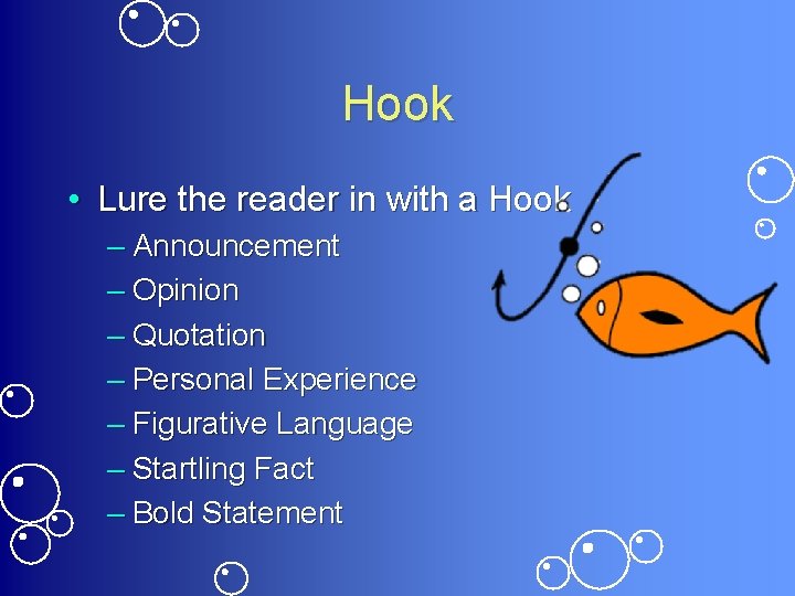 Hook • Lure the reader in with a Hook – Announcement – Opinion –