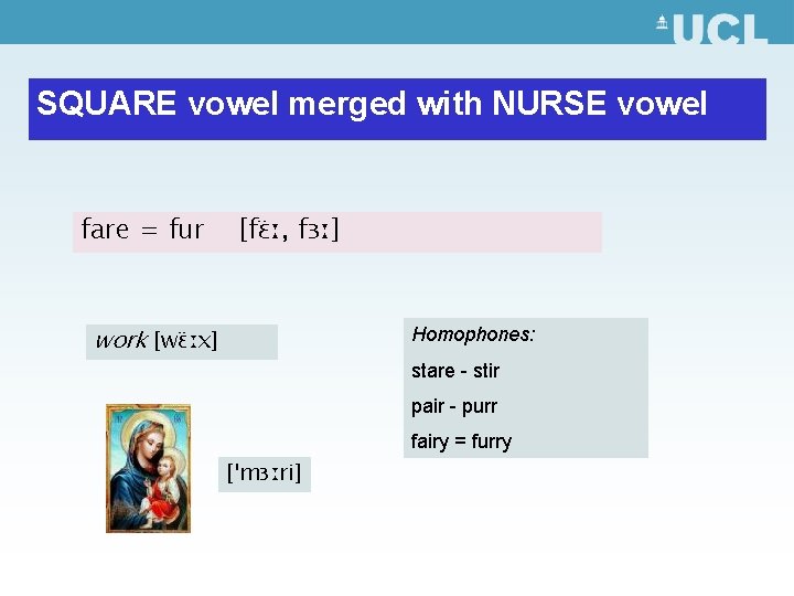 SQUARE vowel merged with NURSE vowel fare = fur [fɛ ː, fɜː] work [wɛ