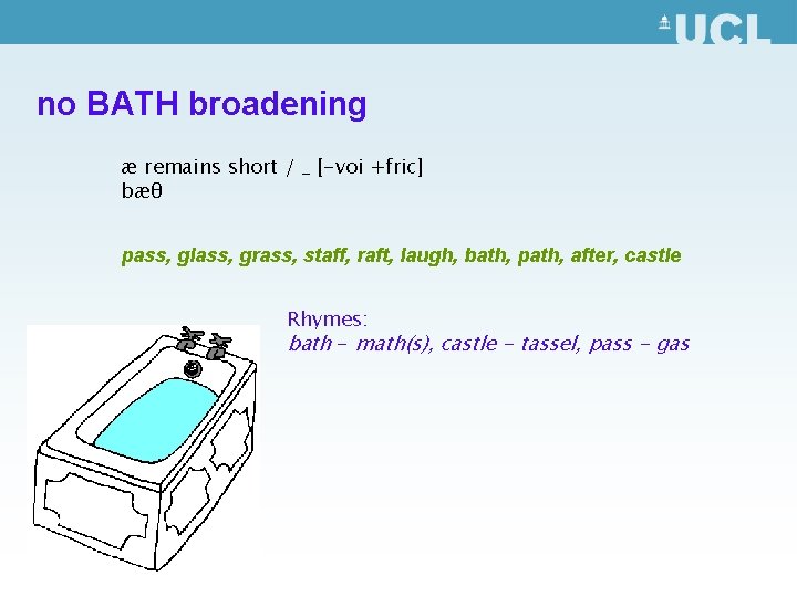 no BATH broadening æ remains short / _ [-voi +fric] bæθ pass, glass, grass,