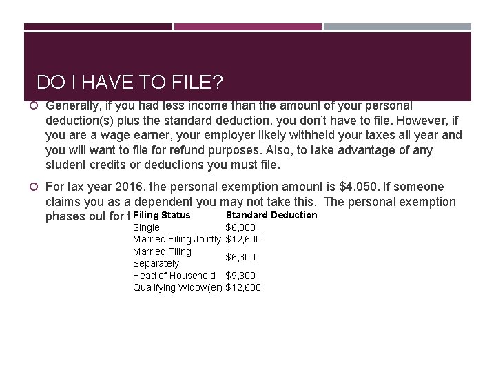 DO I HAVE TO FILE? Generally, if you had less income than the amount