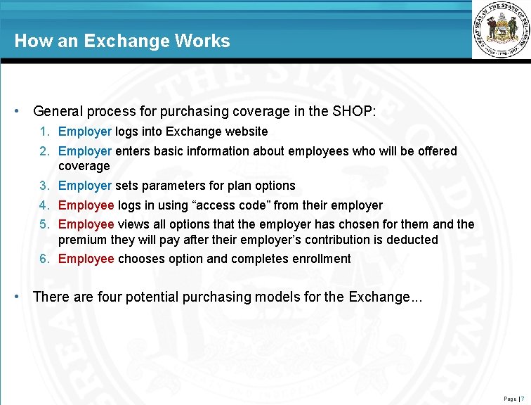 How an Exchange Works • General process for purchasing coverage in the SHOP: 1.
