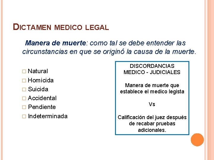 DICTAMEN MEDICO LEGAL Manera de muerte: como tal se debe entender las circunstancias en